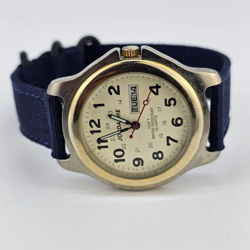VTG Jordache Unisex‎ Watch 38MM Cream Dial DayDate NEW Blue Nylon Bands Battery